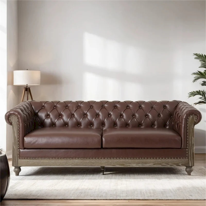 3-osobowa sofa ze skóry ekologicznej z drewnianą ramą i nogami