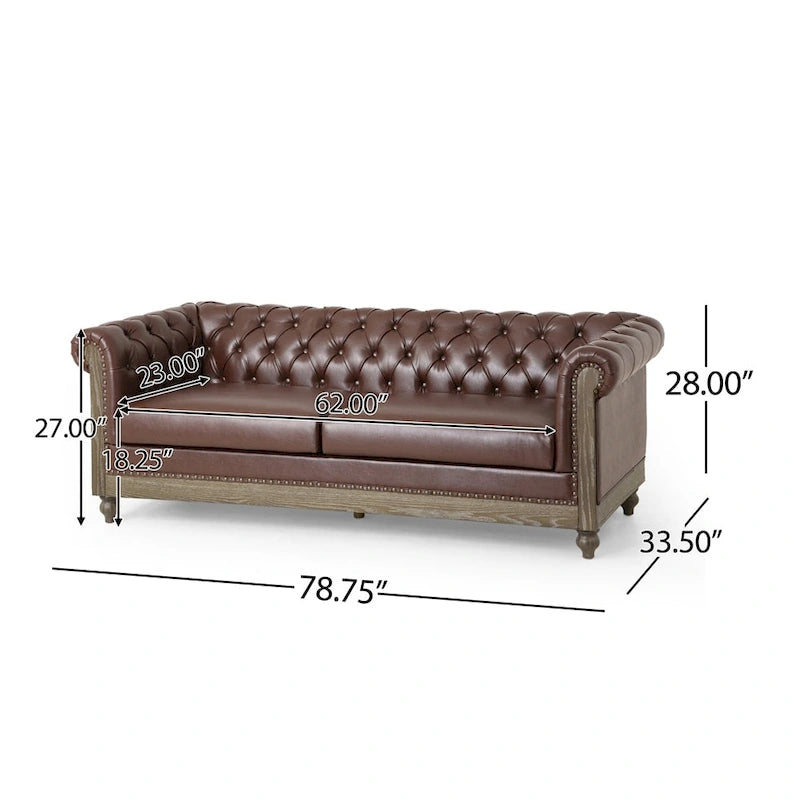 3-osobowa sofa ze skóry ekologicznej z drewnianą ramą i nogami