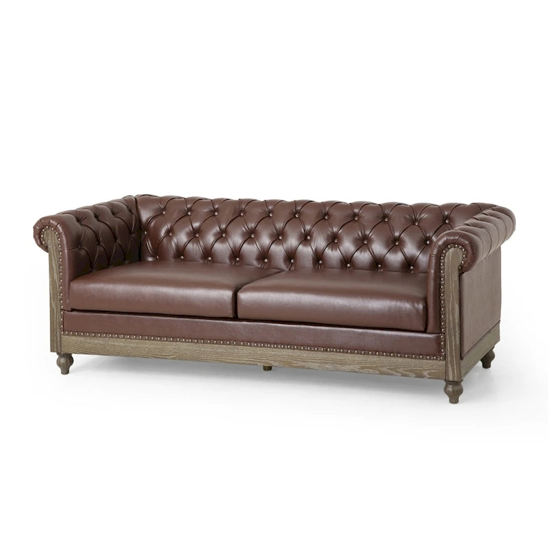 3-osobowa sofa ze skóry ekologicznej z drewnianą ramą i nogami