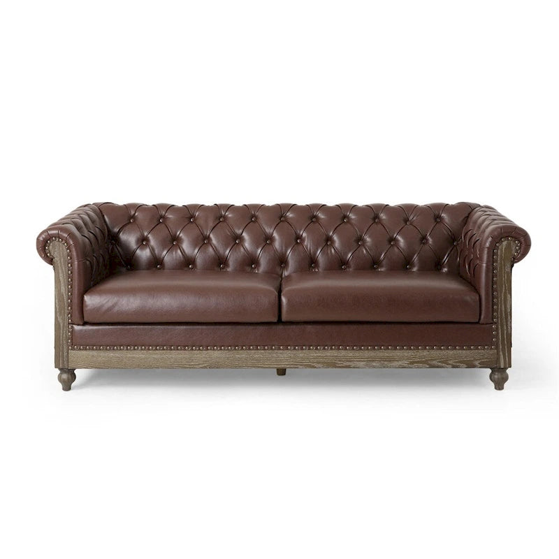 3-osobowa sofa ze skóry ekologicznej z drewnianą ramą i nogami