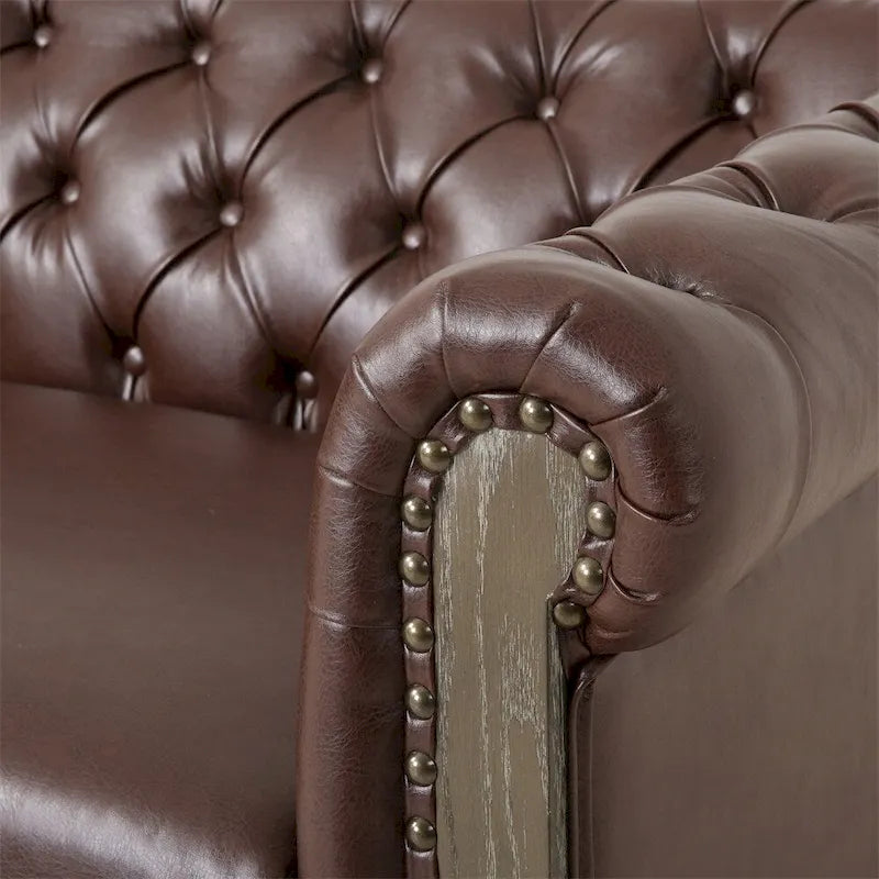 3-osobowa sofa ze skóry ekologicznej z drewnianą ramą i nogami