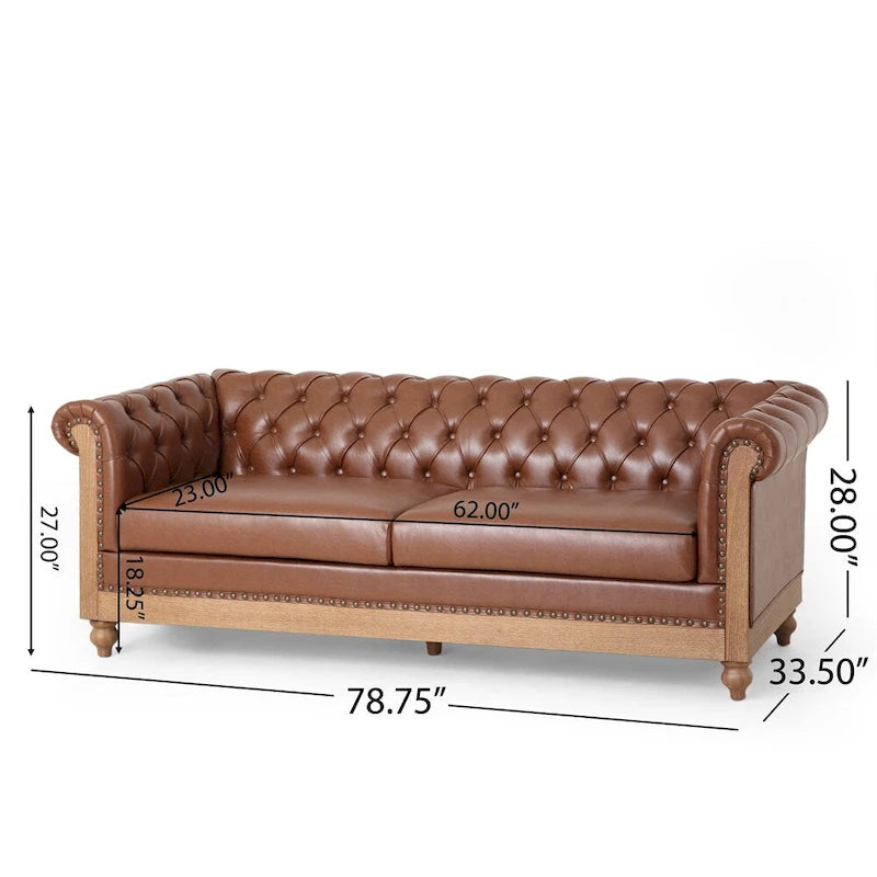 3-osobowa sofa ze skóry ekologicznej z drewnianą ramą i nogami