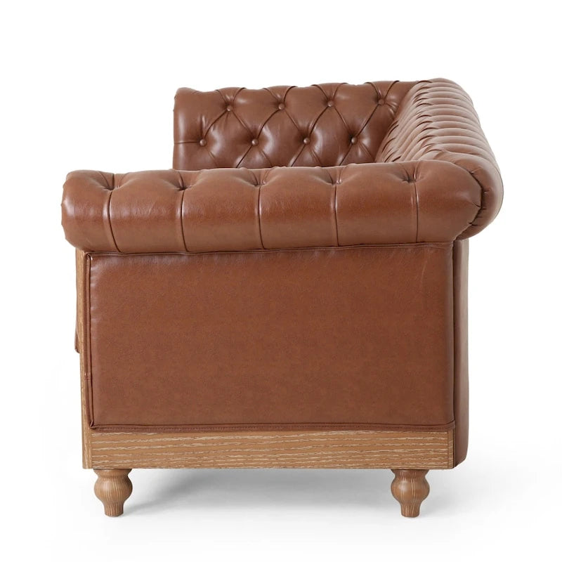 3-osobowa sofa ze skóry ekologicznej z drewnianą ramą i nogami