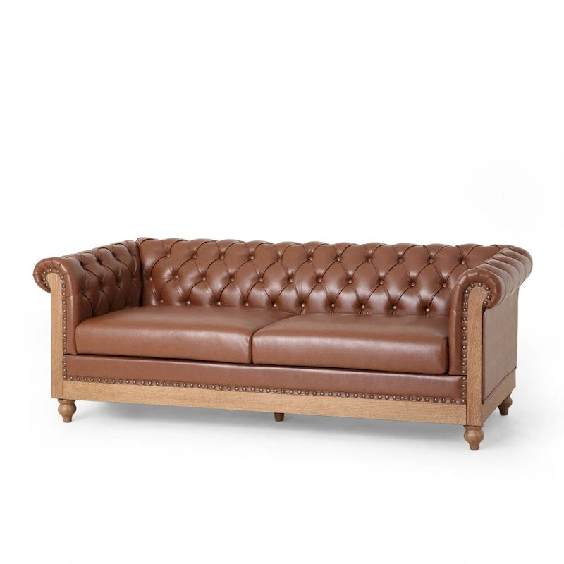 3-osobowa sofa ze skóry ekologicznej z drewnianą ramą i nogami