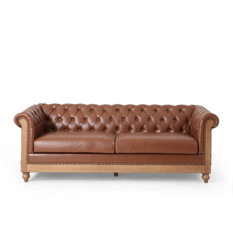 3-osobowa sofa ze skóry ekologicznej z drewnianą ramą i nogami
