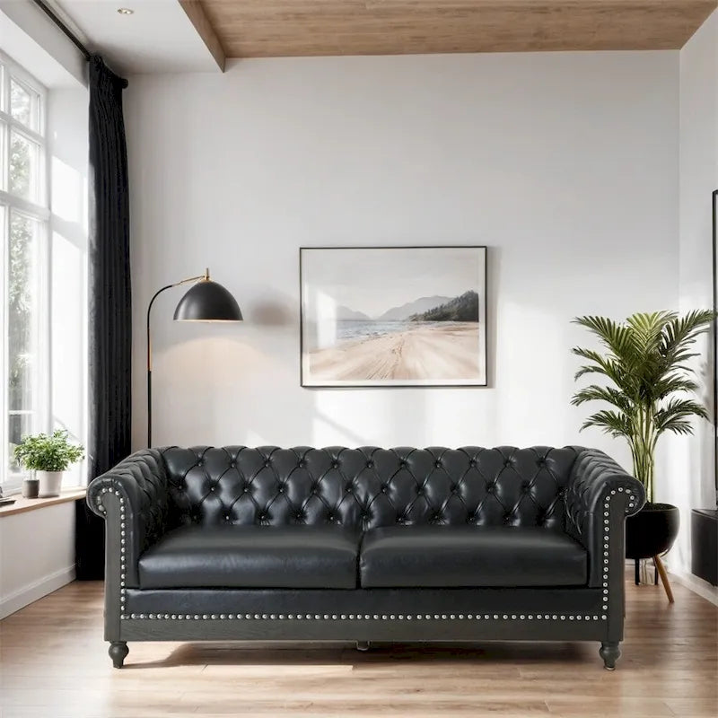 3-osobowa sofa ze skóry ekologicznej z drewnianą ramą i nogami