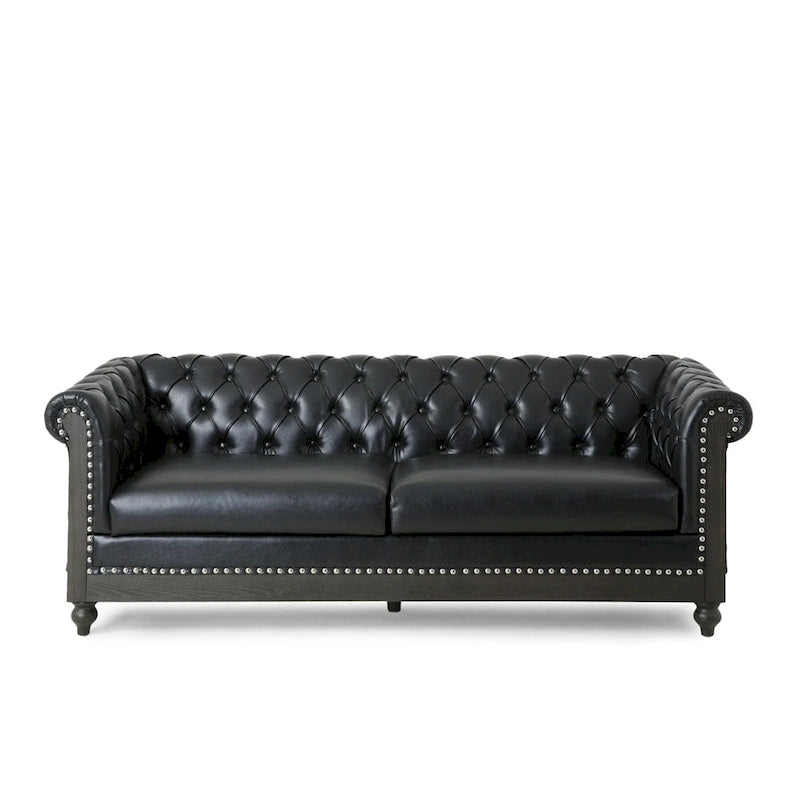 3-osobowa sofa ze skóry ekologicznej z drewnianą ramą i nogami
