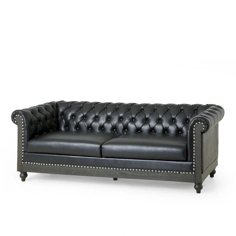 3-osobowa sofa ze skóry ekologicznej z drewnianą ramą i nogami