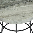 Mesa lateral com tampo de mármore e estrutura de ferro