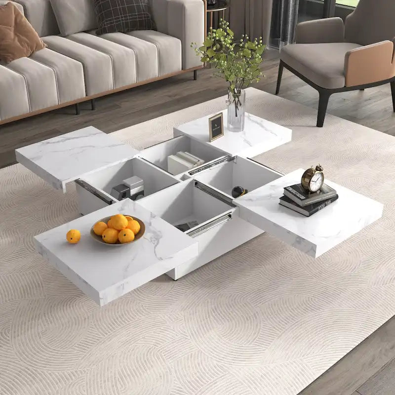 Quadratischer Couchtisch mit verschiebbarer Platte und Stauraum