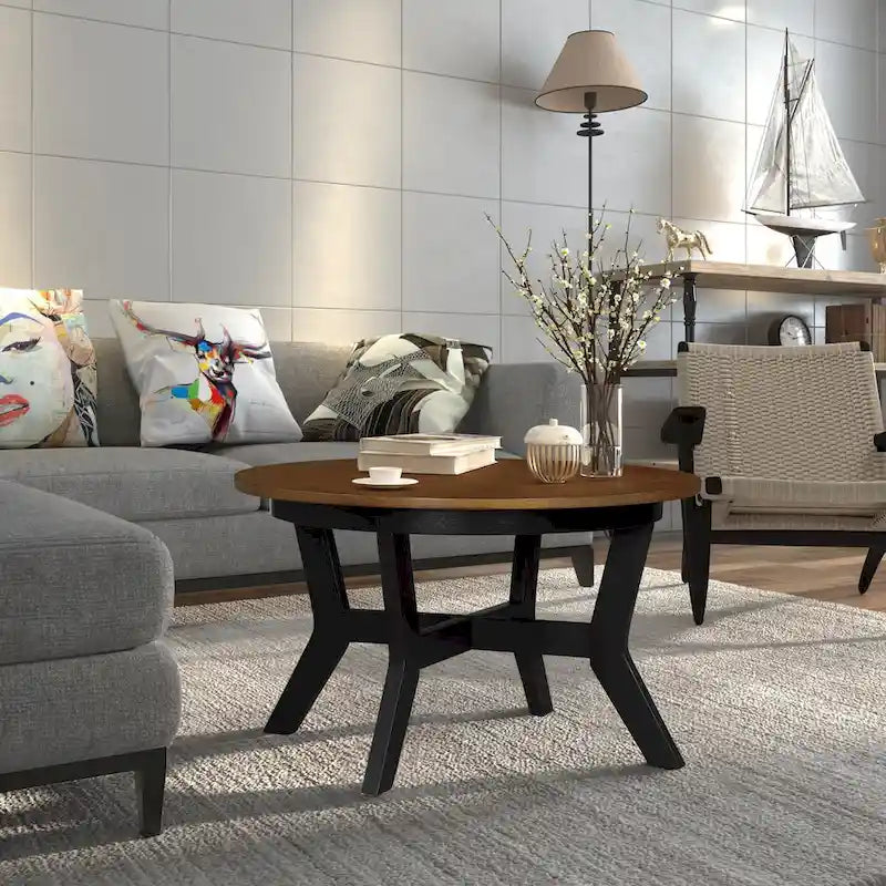 32-Inch Round Wood Coffee Table with Solid Rubber Wood Legs
