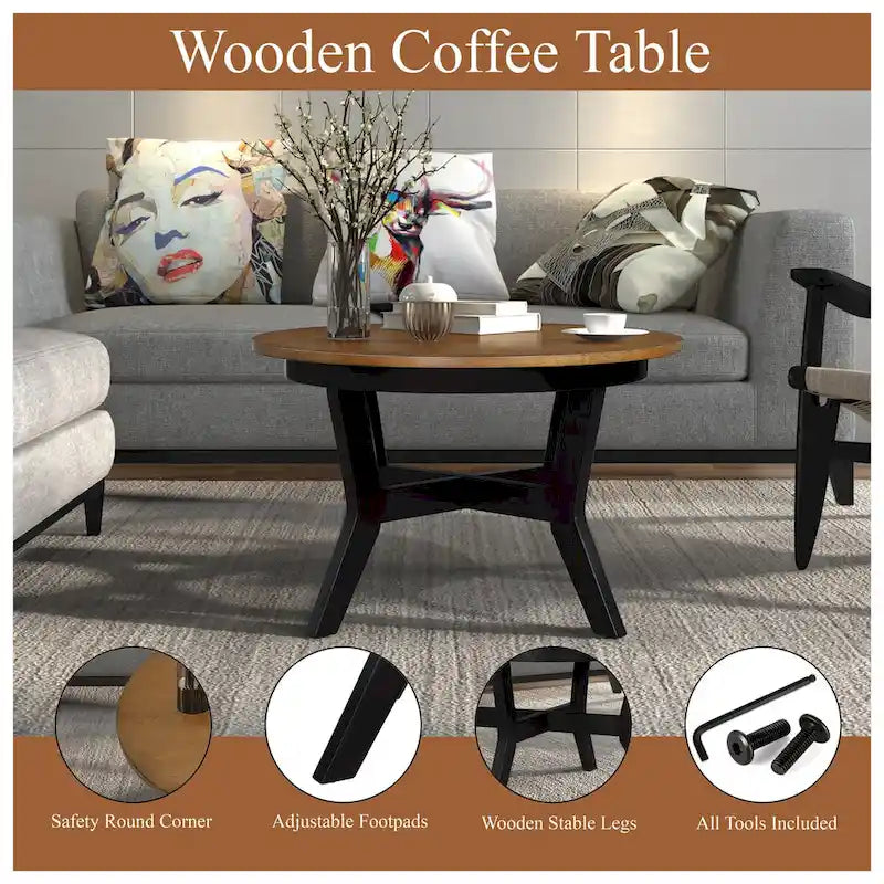 32-Inch Round Wood Coffee Table with Solid Rubber Wood Legs