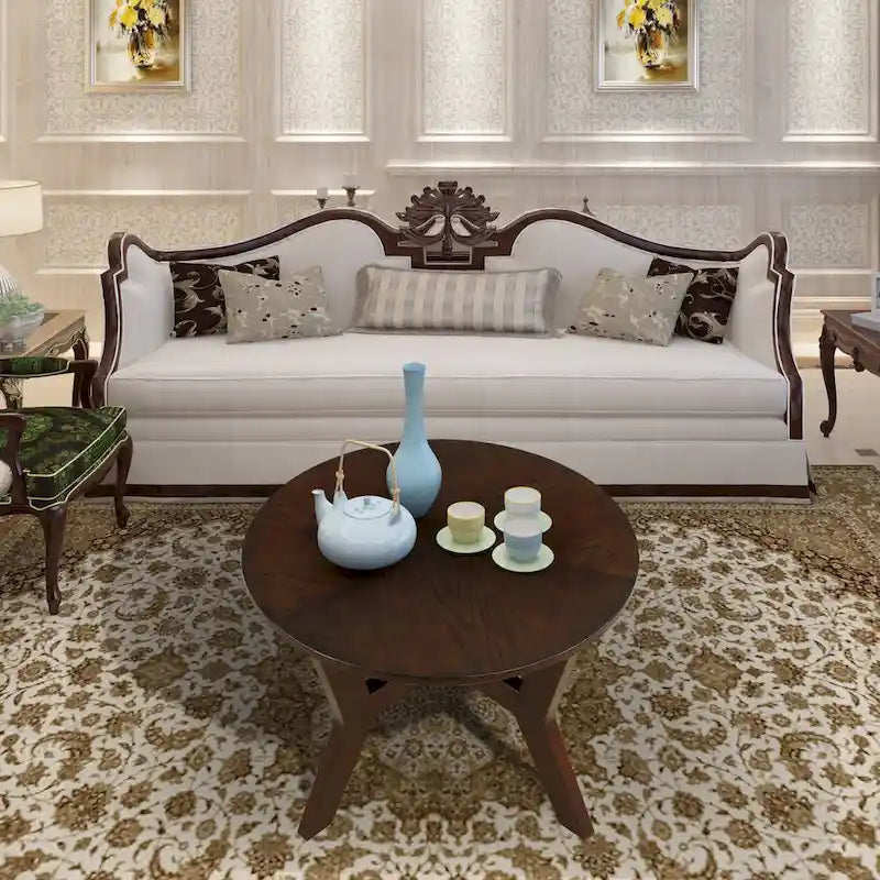 32-Inch Round Wood Coffee Table with Solid Rubber Wood Legs