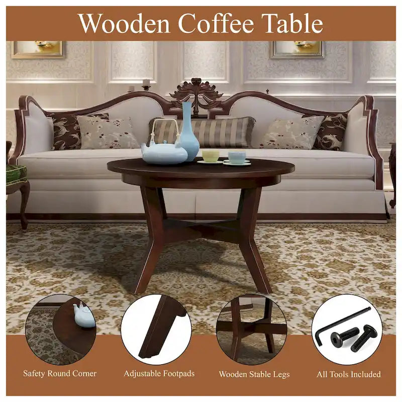 32-Inch Round Wood Coffee Table with Solid Rubber Wood Legs