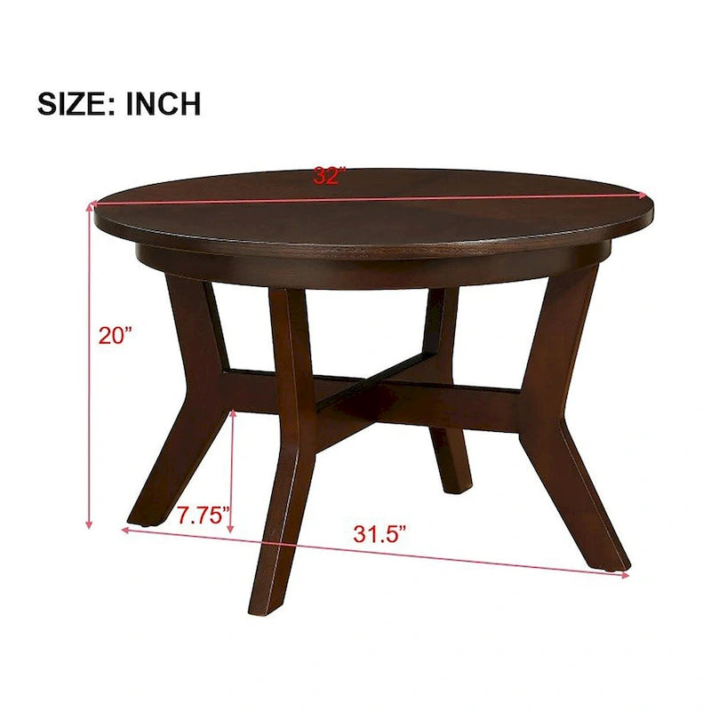 32-Inch Round Wood Coffee Table with Solid Rubber Wood Legs