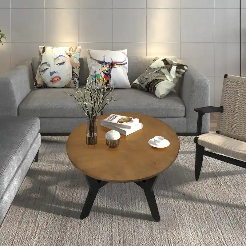 32-Inch Round Wood Coffee Table with Solid Rubber Wood Legs