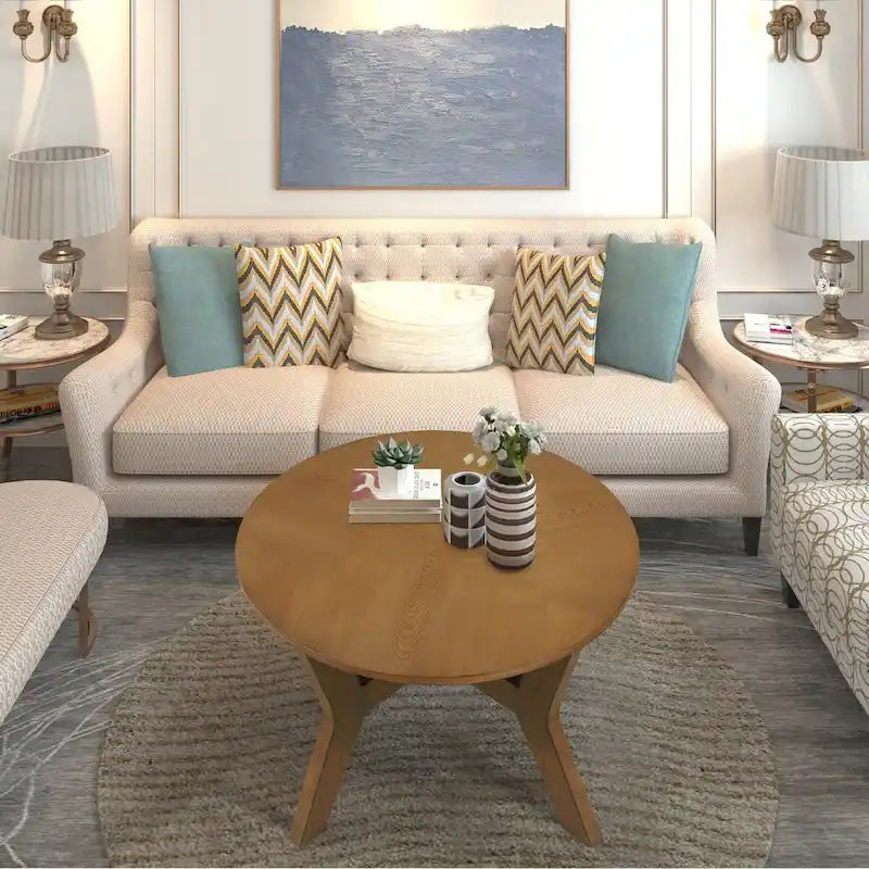 32-Inch Round Wood Coffee Table with Solid Rubber Wood Legs