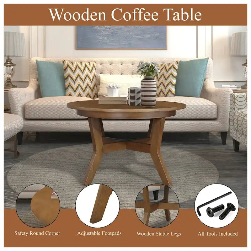32-Inch Round Wood Coffee Table with Solid Rubber Wood Legs