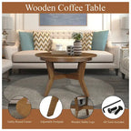 32-Inch Round Wood Coffee Table with Solid Rubber Wood Legs