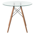 Tavolo da pranzo con piano rotondo in vetro e gambe in legno