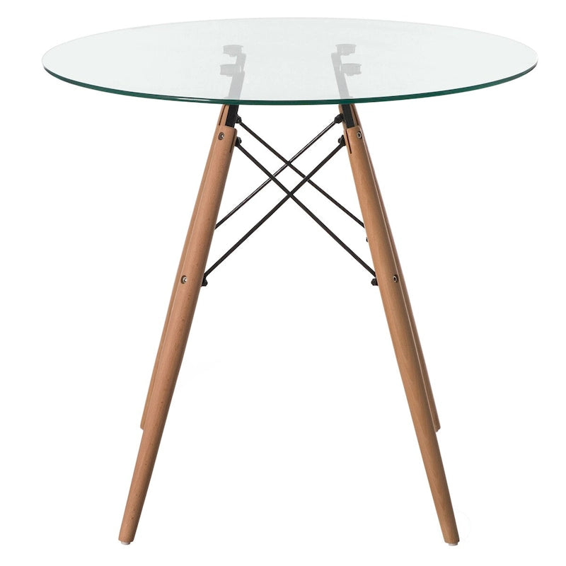 Table à manger avec plateau rond en verre et pieds en bois