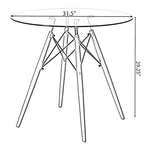 Tavolo da pranzo con piano rotondo in vetro e gambe in legno