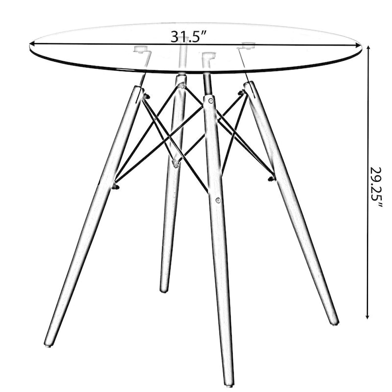Tavolo da pranzo con piano rotondo in vetro e gambe in legno
